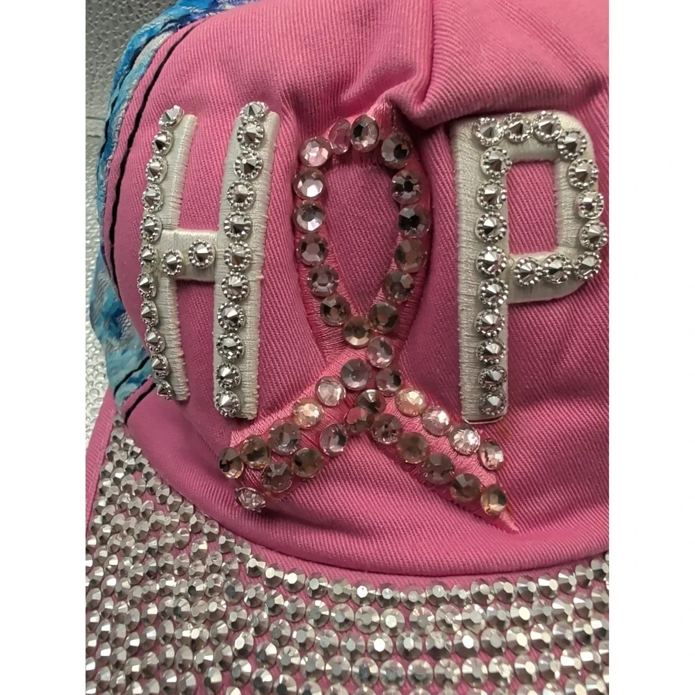 Bling Studded Cotton Denim Cap Breast Cancer Hope Pink Ribbon